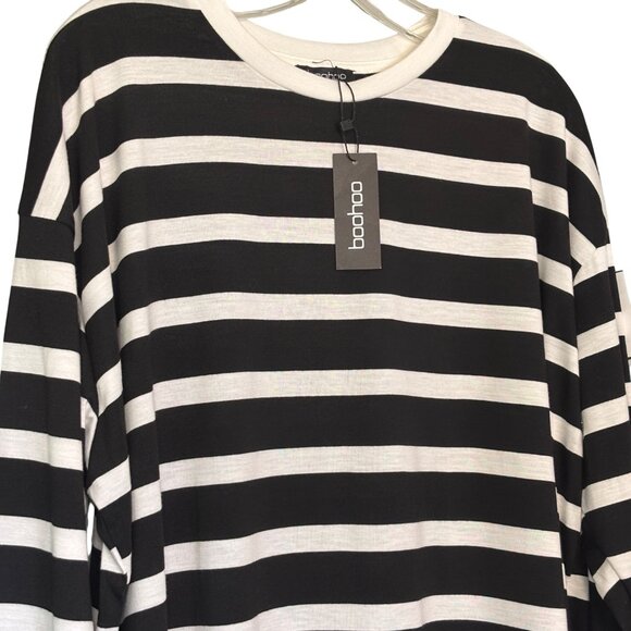 NWT Boohoo Womens Top Black & White Stripes Size UK 14/US 10 Poly + Viscose Soft - Picture 2 of 12